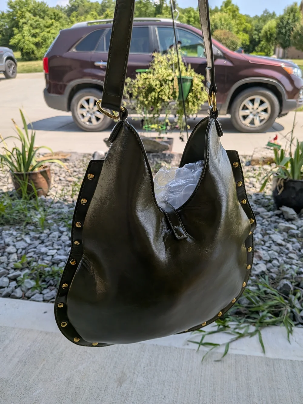 Vintage Olive Green Hobo Shoulder Bag - With Gold Turn Lock And Studs